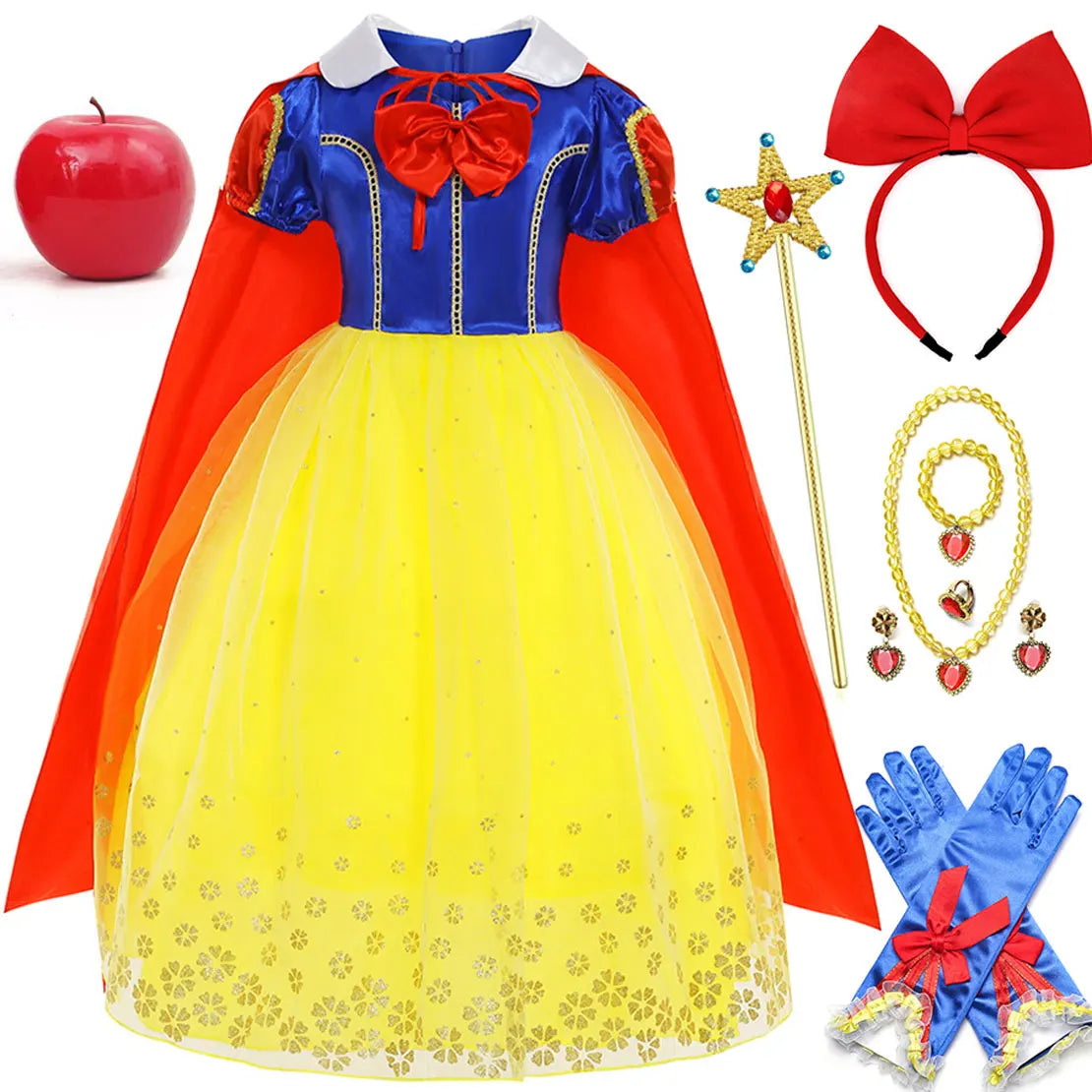 Vestido Laranja Disney Princesa Cosplay de Manga Curta Fofo com Renda para Meninas + Capa + Conjunto de Acessórios Presente de Aniversário