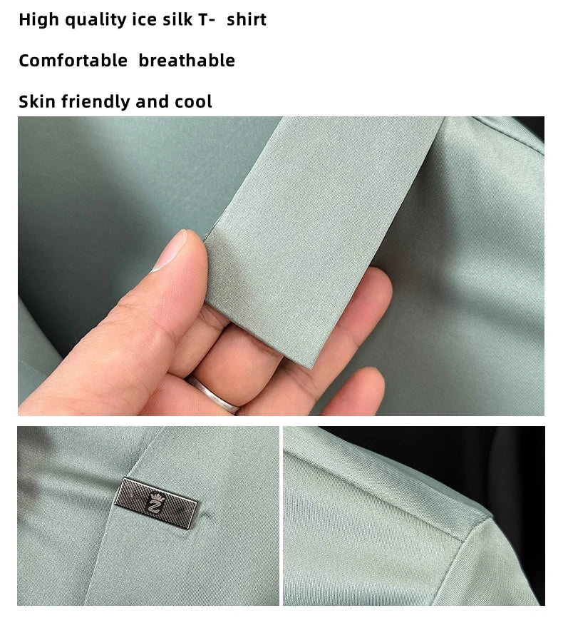 High quality ice silk short sleeve T-shirt men's lapel top trendy brand design cool silky breathable summer casual polo shirt