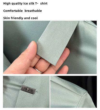 High quality ice silk short sleeve T-shirt men's lapel top trendy brand design cool silky breathable summer casual polo shirt