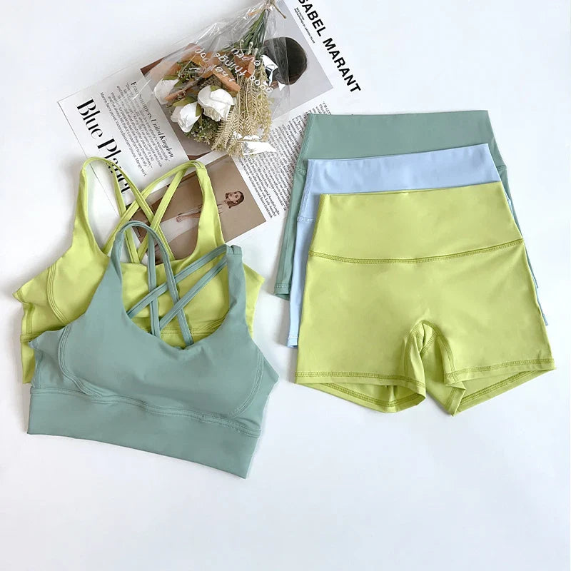 2Pcs Yoga Sets Naked Feel Gym Set Women Workout Clothes High Waist Yoga Shorts And Strappy Sports Bra Short Sets Summer