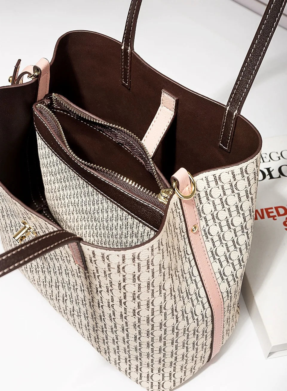 Stylish Monogram Tote Bag Lock Decorative Detail Top Handles Detachable Crossbody Strap Fashion Shoulder Bag