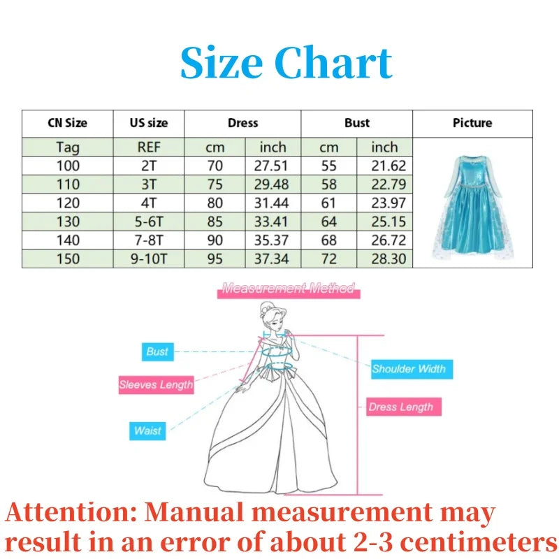 Cinderella Anna Elsa Costume Children Princess Dress for Girls Kids Cosplay Snow White Christmas Carnival Party Disguise Outfit