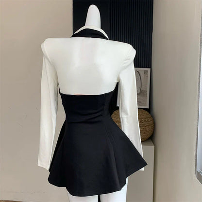 Two Piece New Sexy Chic Halter Female Dresses Basic Polo Neck Fashion Button Shirt Slim Simple A-line XS-L Women Dress
