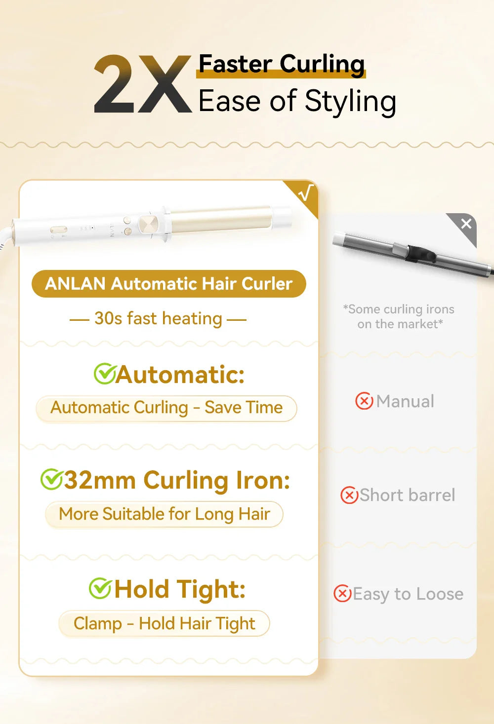 Automatic Curling Iron 30s Fast Heating Smart Temperature Control Ceramic Coating Long Lasting Curls Rotary Hair Curler