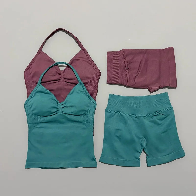 2 Piece Sports Set Women Seamless Yoga Tank With Removable Pads Top Scrunch Butt Workout Leggings Suit Gym Sports Sets