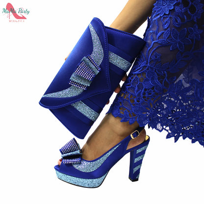 Fashion Pretty Peep Toe African Women Shoes Matching Bag Set in Silver Color Elegant Style Platform Sandals for Party