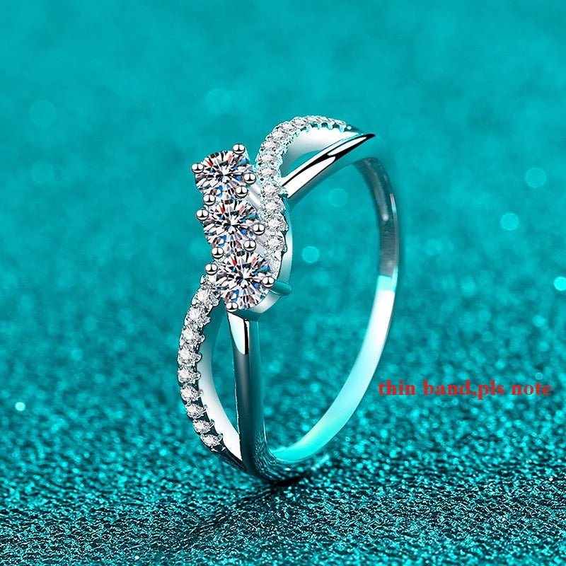 Real S925 Sterling Silver Moissanite Ring for Women 3 Stone Twisted Band Halo Gift for Her D Color VVS1 Dainty Jewelry