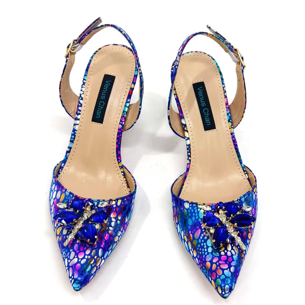Champagne Color Thin Heels Pointed Toe Crystal Design Ladies Shoes Matching Bag Set For Women Weeding Party Pump
