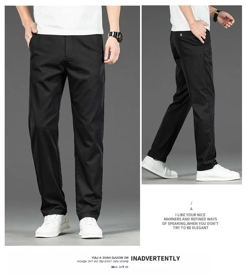 Spring Summer New Men's Casual Pants Thin Mulberry Silk Soft Business Casual Trousers Slim Straight Elastic Suit Pants Male