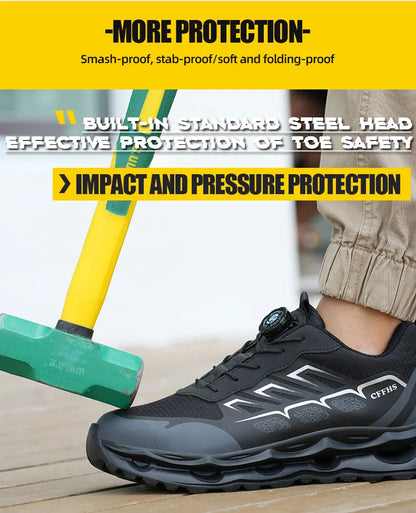 Shock Absorbing Safety Shoes for Men Steel Toe Lightweight Work Boots for Factory & Warehouse Rotary Button Indestructible Shoes