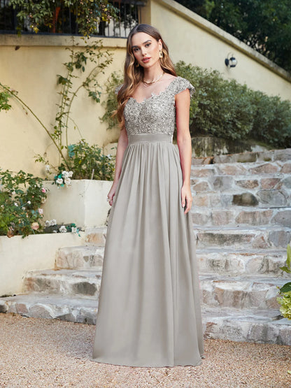 A-line V Neck Sleeveless Floral Lace Chiffon Back Hollow Long Paty Bridesmaid Dress Women 2024 For Wedding Sexy Evening Dress