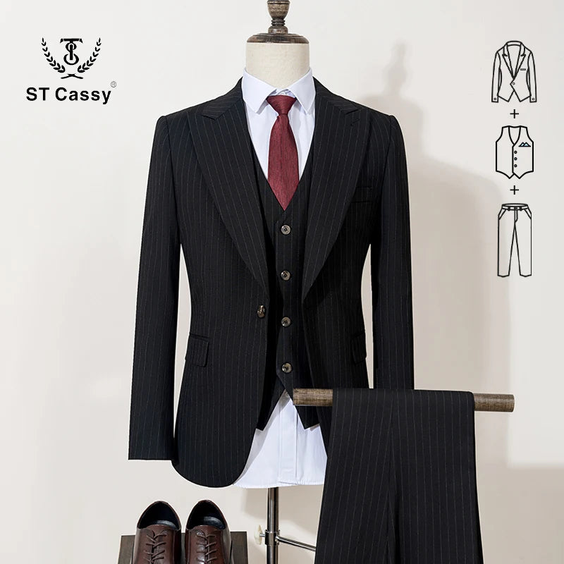 High-quality striped suits for men slim fit luxurious and elegant men's business suit 3-piece set party full men's suit