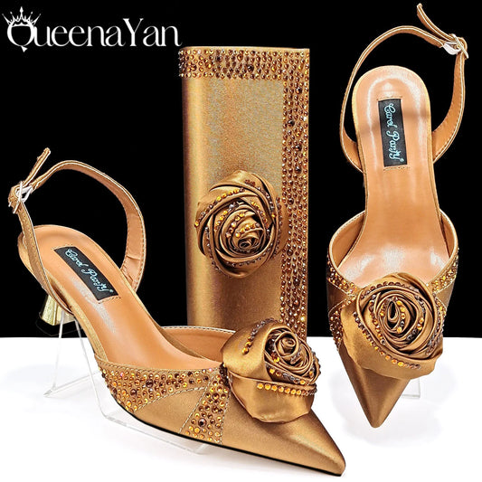 New Party Shoes And Bag Set Nigeria Handmade Flowers Decoration Lady Fashion Shoes and Bag Set for Wedding