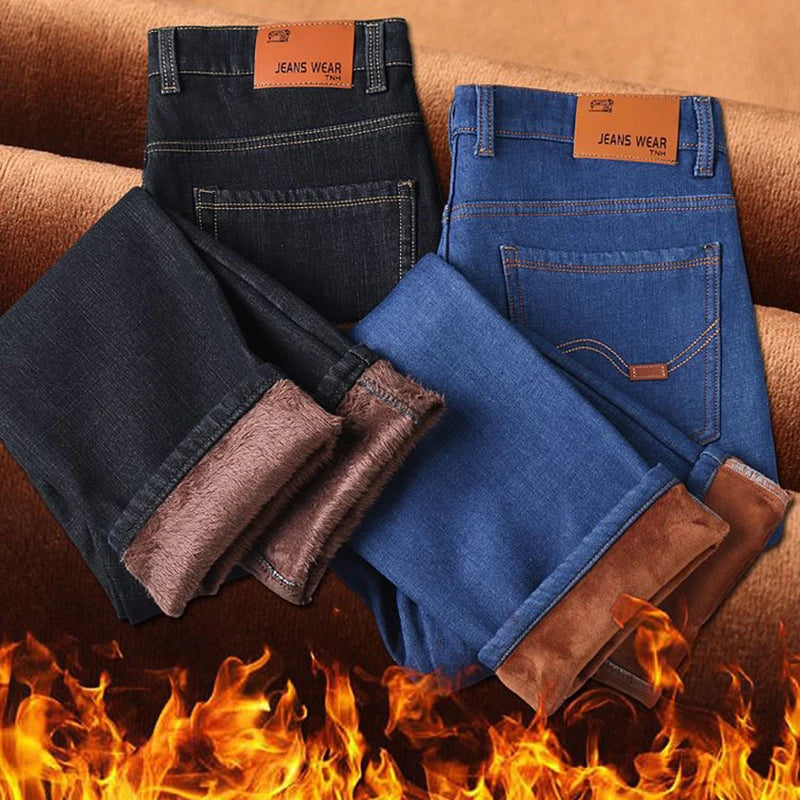 Men New Fashion Winter Warm Jeans Male Fleece Lined Thickened Denim Pants Loose Straight Comfortable Casual Black Blue Trousers