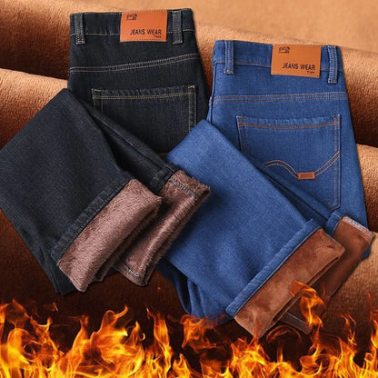 Men New Fashion Winter Warm Jeans Male Fleece Lined Thickened Denim Pants Loose Straight Comfortable Casual Black Blue Trousers