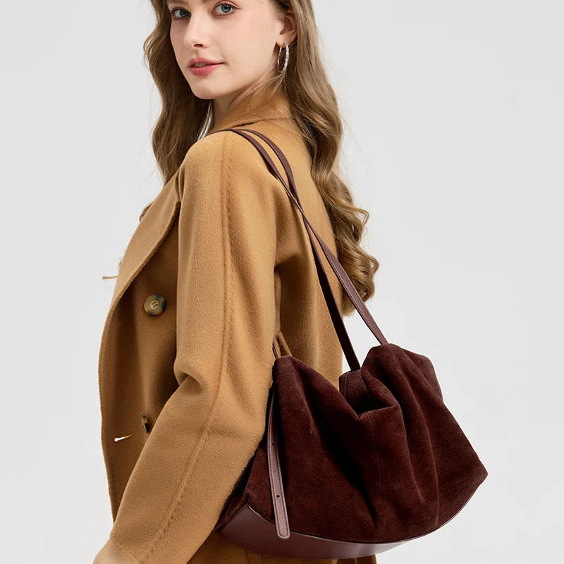 Women's Natural Nuede Genuine Leather Handbags Ladies large capacity Tote Bag Female Design Luxury Commuting Yoga Bag  hobo bag
