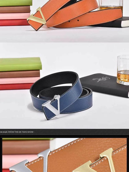 2024 New Temperament Business Men's Belt Letter Metal Button Head Versatile Decorative Jeans Dress Business Men's Belt