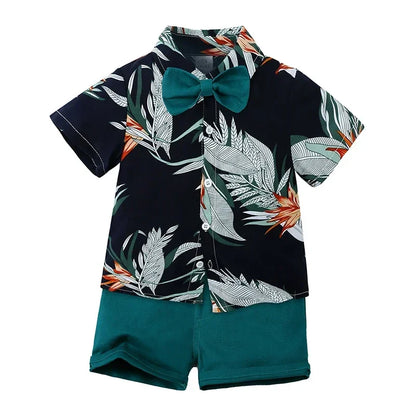Toddler Baby Boys Sets Summer Hawaiian Outfit Infant Kids Floral Print Short Sleeve Shirt Bowtie Shirt+Shorts Gentleman Suits