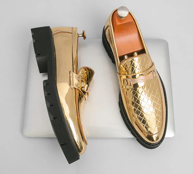 British Style Gold Luxury Loafers For Man Leather Shoes Design Pointed Toe Men's Dress Shoes Casual Wedding Formal Shoes Men