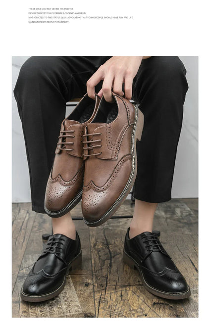Retro leather shoes - men's brook engraved lace-up British business formal soft-soled fashionable casual trendy shoes