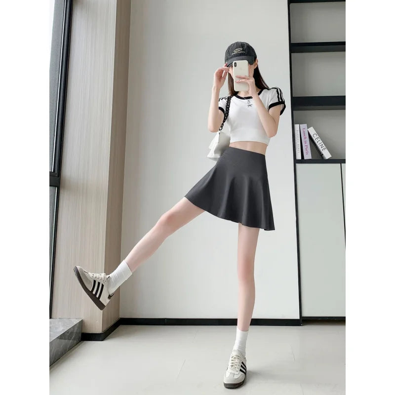 Women Summer Fake Two Pieces Sports Skirt Anti-Chafing Anti-Slip Tennis Badminton Yoga Skirt Pleated White Mini Skirt  Running