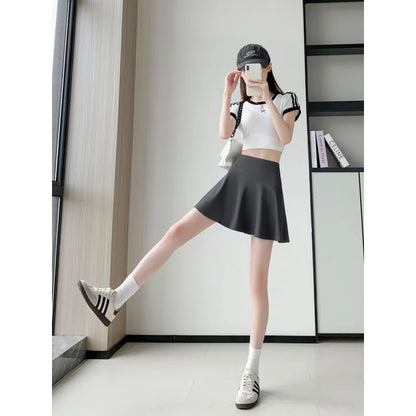 Women Summer Fake Two Pieces Sports Skirt Anti-Chafing Anti-Slip Tennis Badminton Yoga Skirt Pleated White Mini Skirt  Running