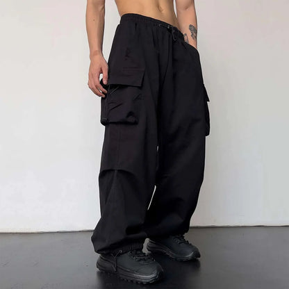 Cool Streetwear Versatile Quicky Drying Wide Leg Low Waist Drawstring Cargo Trousers Fashion Daily Casual Pockets Pants For Male