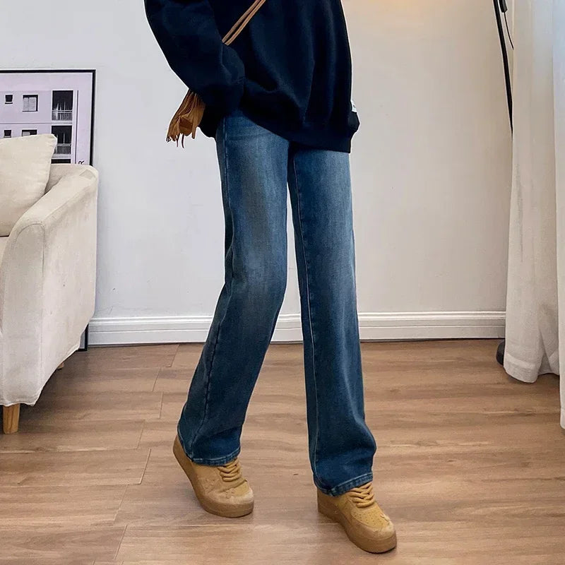 Women's Velvet Jeans Loose Straight Warm Soft Fleece Pants