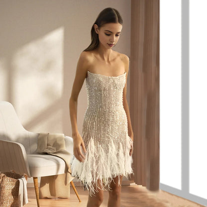 Elegant Dress Stretchy Tassel Sequins Decor Sexy Bodycon Mini Dress Pure Colors Above Knee Summer Dress Club Wear