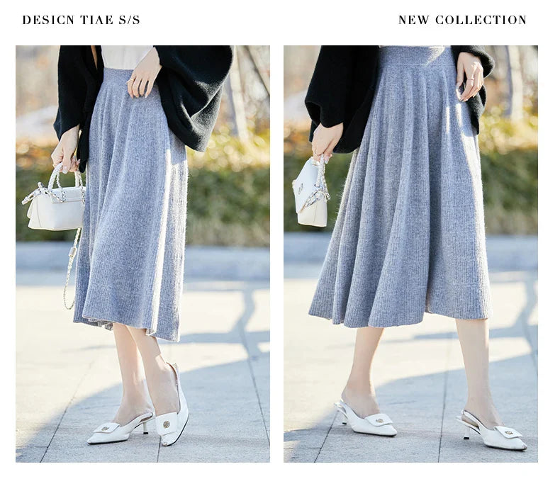 Autumn And Winter High Waist 100% Pure Wool Skirt Female Slim Long Knitted Wool Skirt Loose Wearing A-Line Skirt