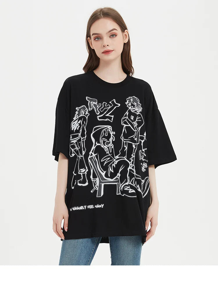 Harajuku Cartoon Girl Cat Japanese Kanji Graphic T Shirt Streetwear Men T-Shirt Summer Short Sleeve Tshirt Tops Tees Unisex