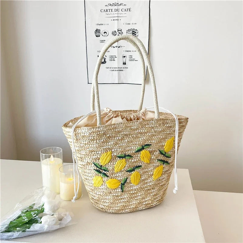 Embroidery Fruit Solid Color Shoulder Bag Straw Woven Hollow Versatile 2025 High Quality Bags for Women New Beach Handbags