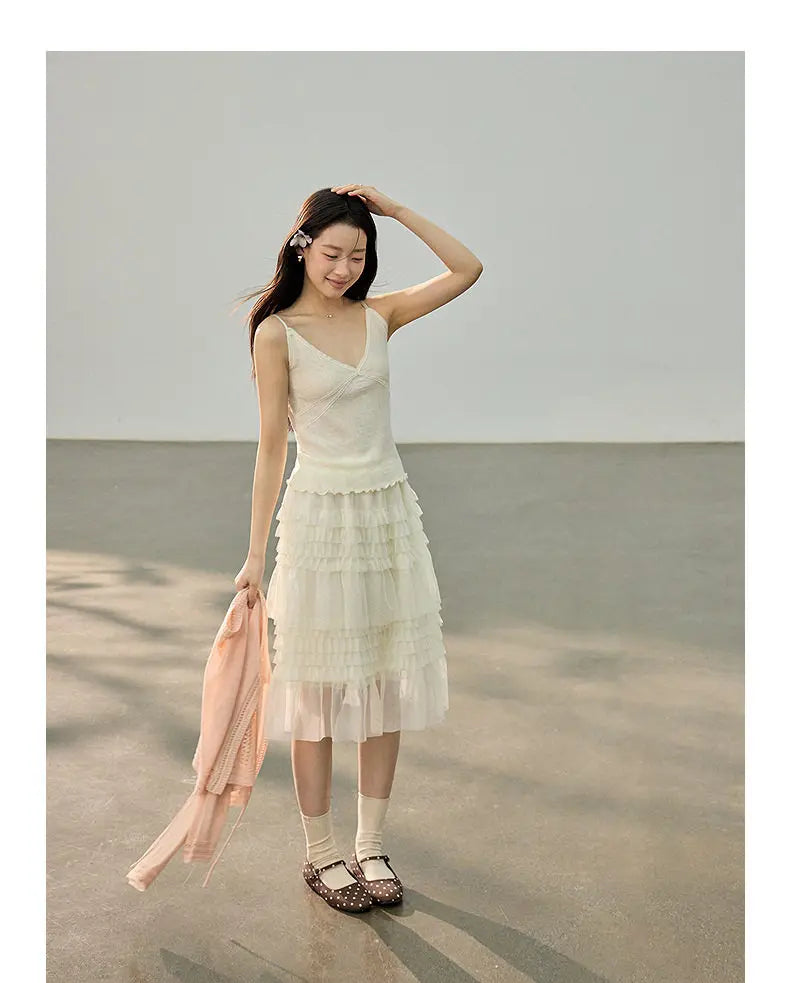 Korean Style Lace Elastic Waist Cake Skirt Mesh Puffy Skirt Women's Dress Knee Length Casual A-Line Skirt Micro Stretch No Slit