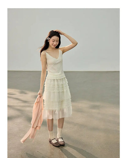 Korean Style Lace Elastic Waist Cake Skirt Mesh Puffy Skirt Women's Dress Knee Length Casual A-Line Skirt Micro Stretch No Slit
