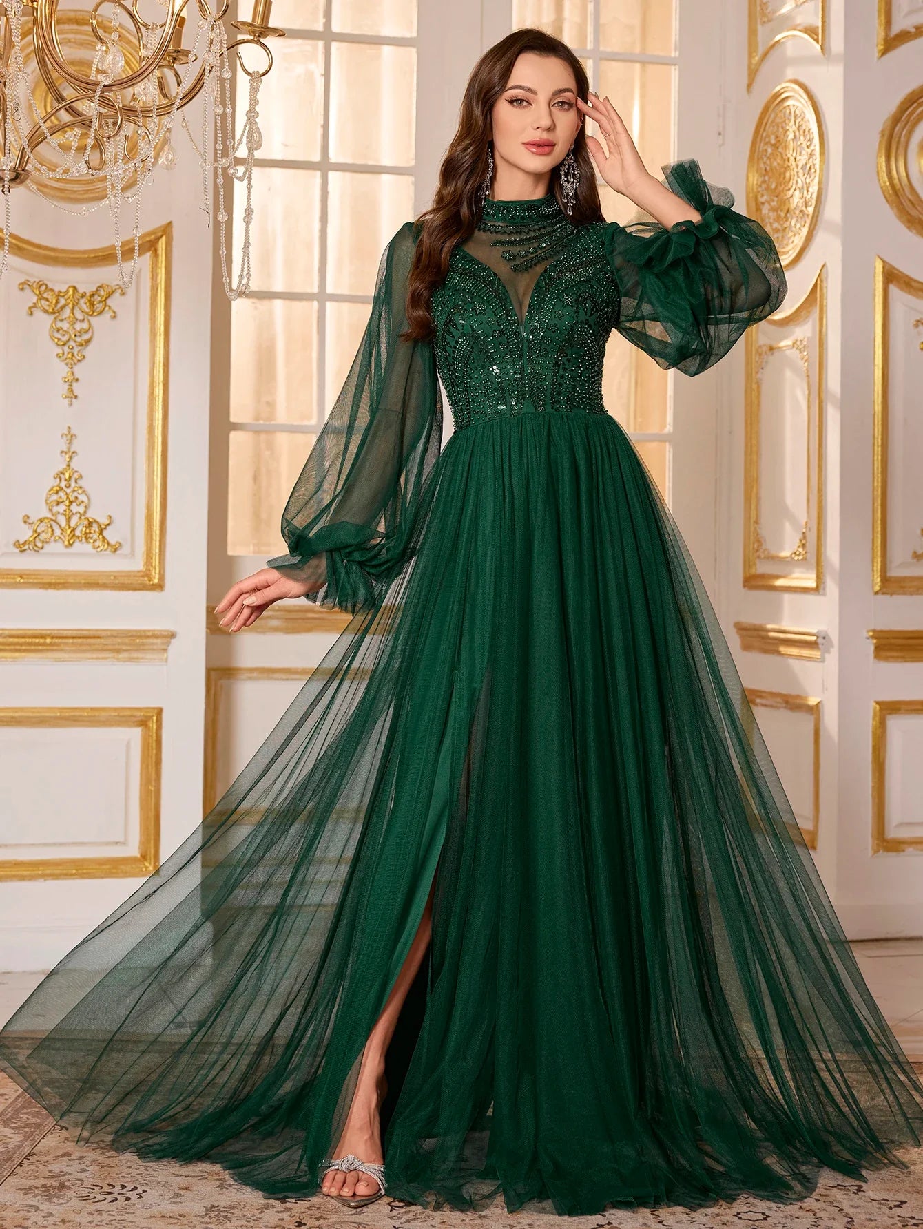 Women's Round-Neck Lantern Sleeve Beads Patchwork Mesh Fabric Evening Dress