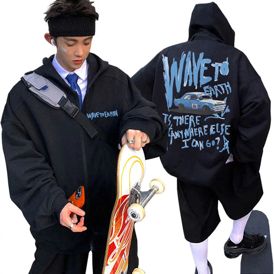 Moletom com Zíper Wave To Earth Coreano Impresso Casaco Masculino Casual Plus Size Com Zíper Jaqueta Masculina Feminina Hip Hop Moda Y2k Com Zíper