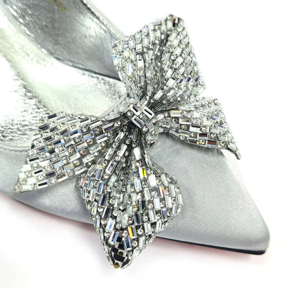 Italian Design Elegant Fuchsia Bow Rhinestone Pumps with Pointed Toe for Women 2024 Party Shoes and Bags Matching Set