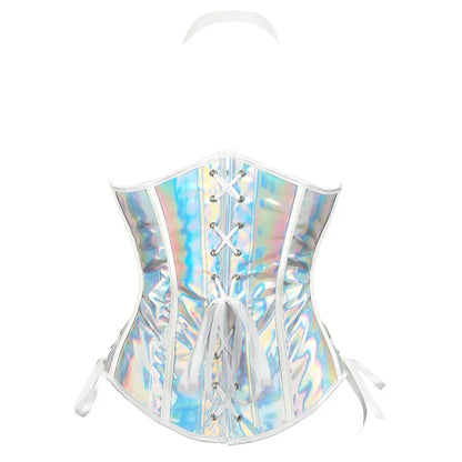 Steampunk Corset Top Gothic PU Leather Underbust Bustier with Halter Strap Silver Black