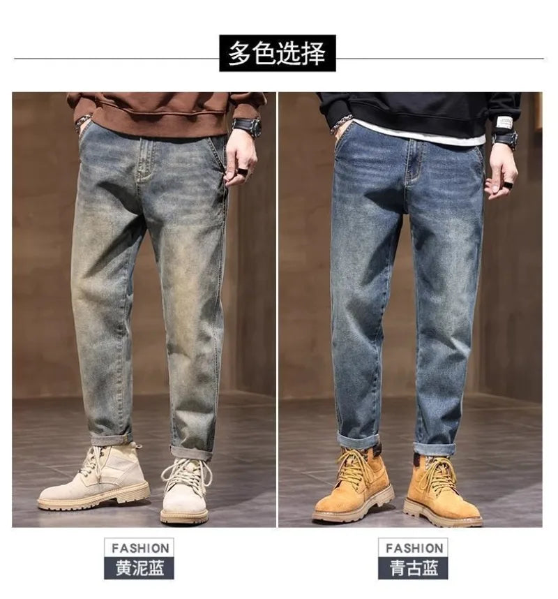 Calça Jeans Masculina Primavera Vintage Elástica Casual Longa Calça Reta Slim Algodão Poliéster Lavada para Adolescentes