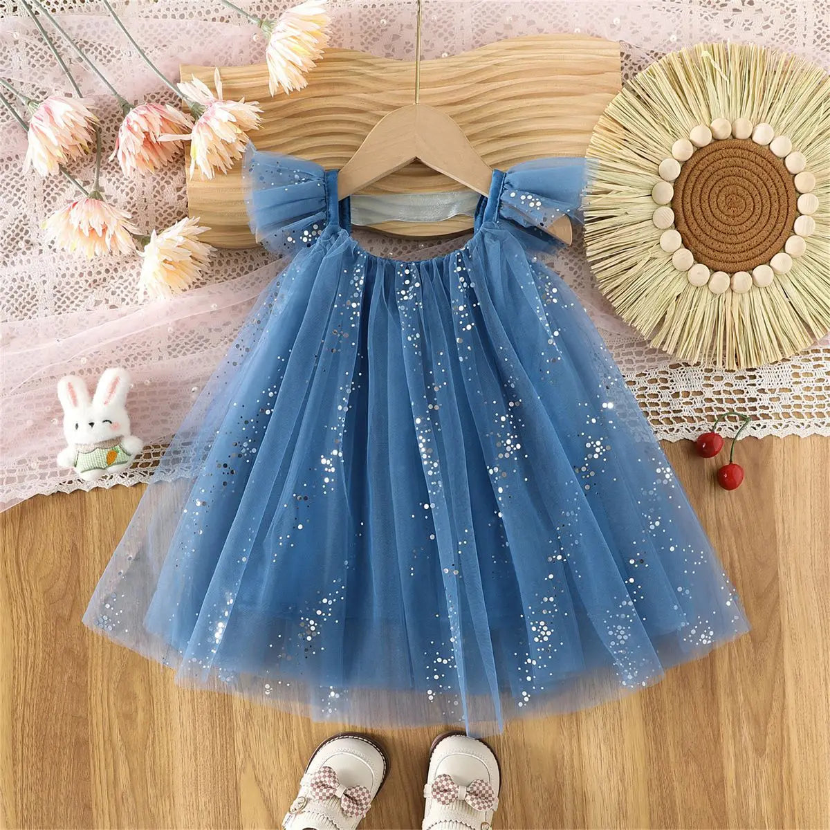 2026 Summer 1-5Y Korean Style Girls Suspender Dress Kids Flutter Sleeve Mesh Breathable Daily Party Dress Children Clothes