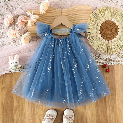 2026 Summer 1-5Y Korean Style Girls Suspender Dress Kids Flutter Sleeve Mesh Breathable Daily Party Dress Children Clothes