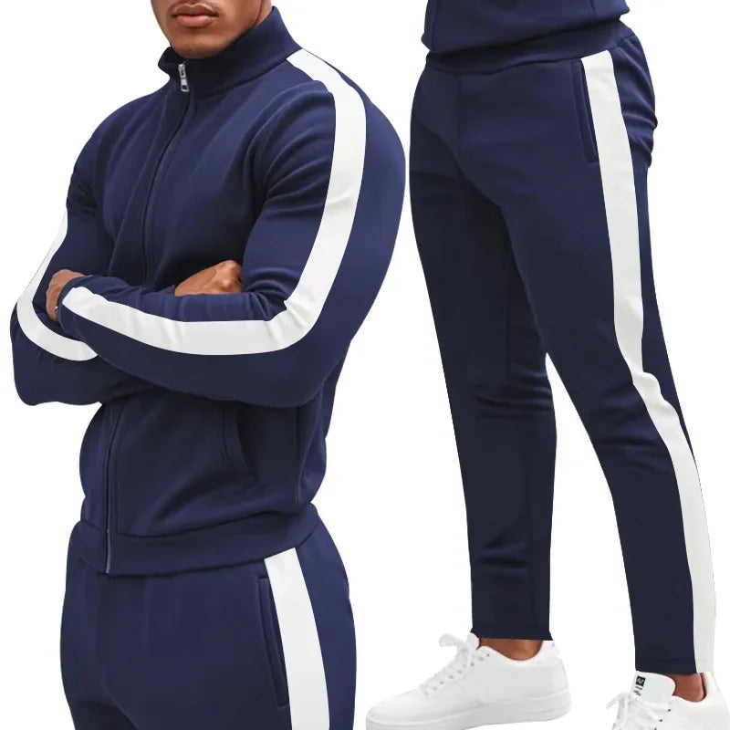 2025 Spring Autumn Men's 2-Piece Set Color Blocking Zipper Stand Collar Casual Sports Jacket Sweatshirt Trousers Suit