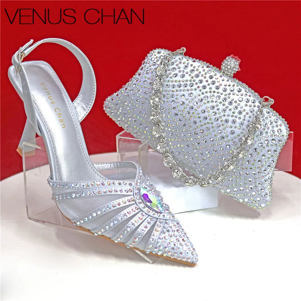 Elegant Fruit Green Women's Heels and Rhinestone Handbag Set - Italian Design for Weddings and Parties