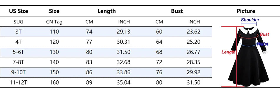 Halloween Wednesday School Uniform Girls Adams Black Gothic Costume Kids 2-12 Years Carnival Cosplay Party Long Sleeve Outfit