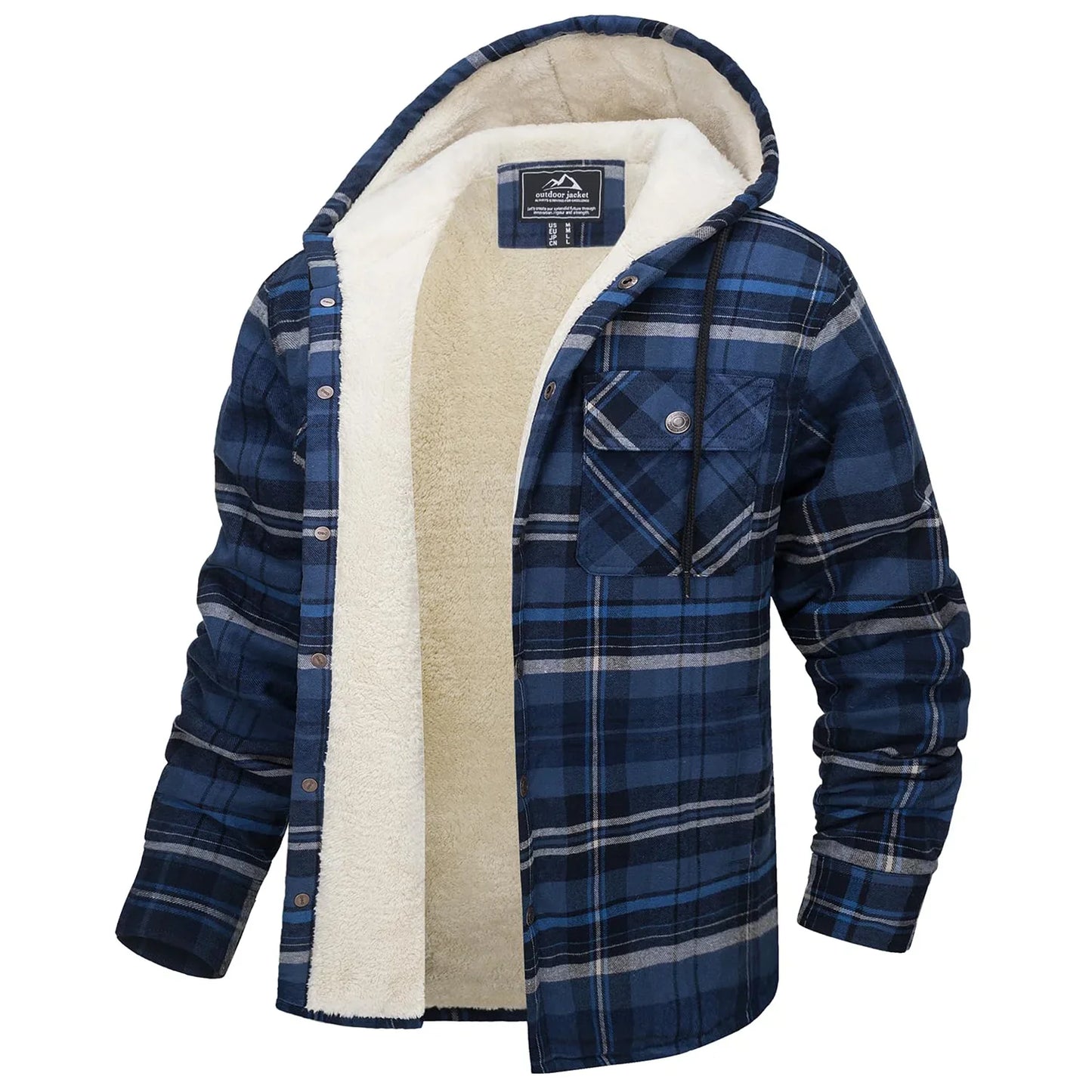 Sherpa Lined Flannel Jacket Mens Heavyweight Hooded Fleece Jacket Thicken Warm Button Down Plaid Jacket Outwear Coats