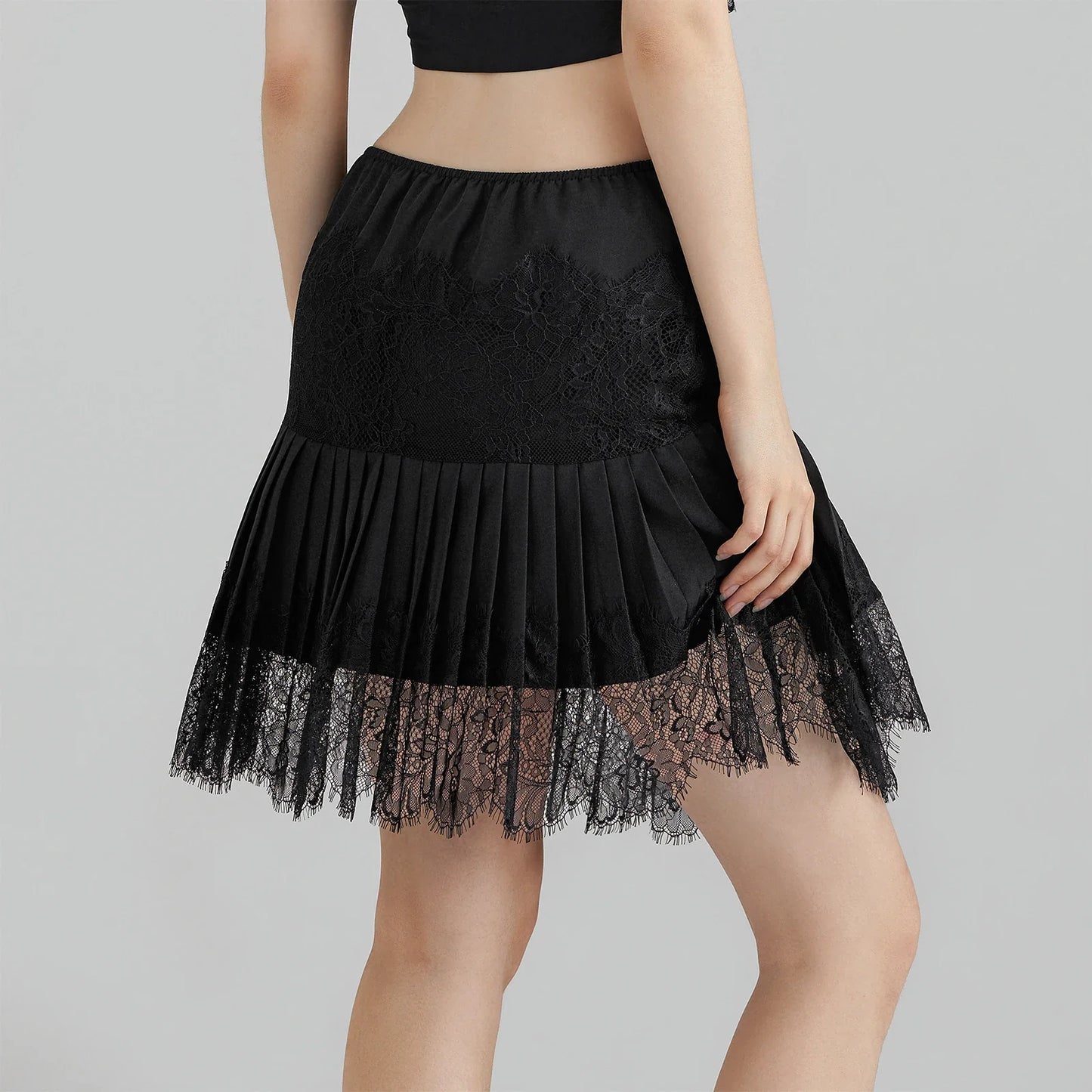 Women Y2k Lace Mini Skirt Fairy Mesh Floral Mid Low Rise Pleated Ruffle Half Slip Skirt Layered Flowy Short Skirt Streetwear
