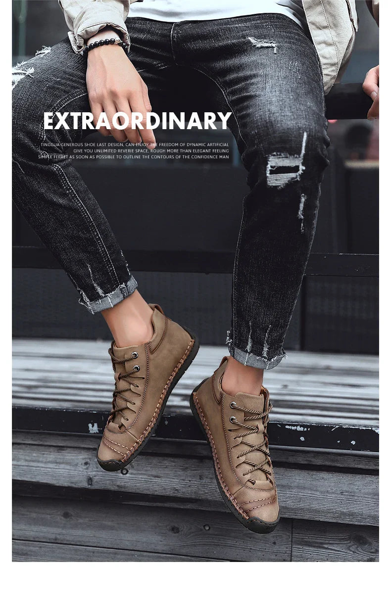 Men's Shoes Leather Unisex Walking Shoes Women Hand Stitching Outdoor Stitched Men Casual Boots