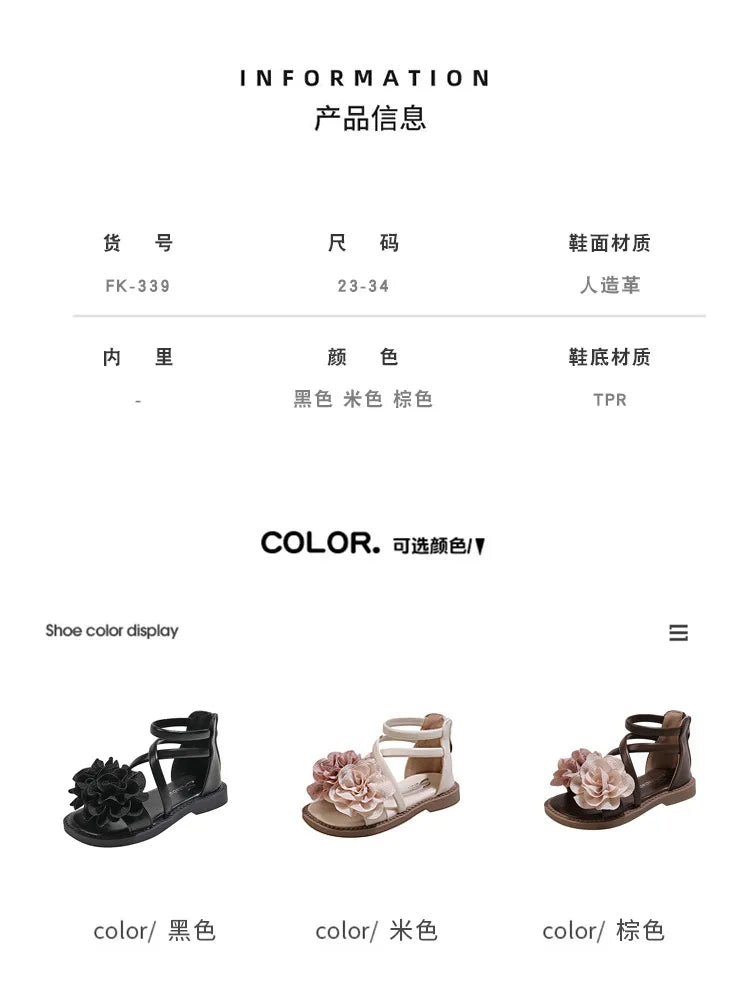 Girls' Sandals 2024 Summer New Children's Flower Princess Shoes Soft Sole Anti Slip Baby Girls' Roman Sandals