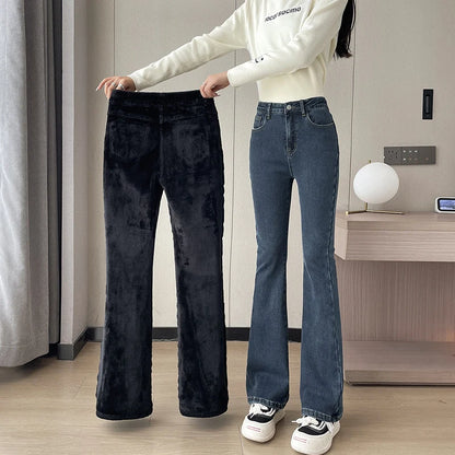 Fashion New Women Warm Plush Flared Jeans Thermal Fleece Loose Denim Pants Female High Waist Urban Straight Flare Trouser