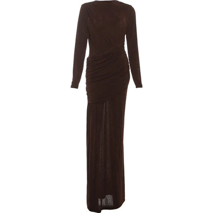 Folds Maxi Dress Women o-Neck Full Sleeve Solid Banquet Elegant Vacation Fashion Autumn Skinny Casual Simple Vestidos